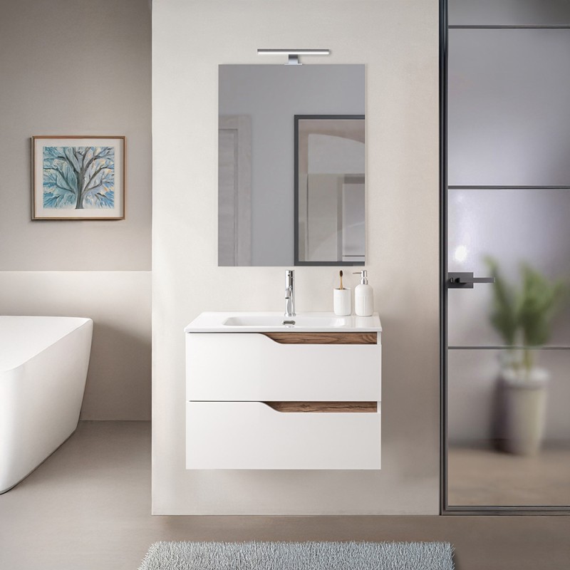 Mobile bagno sospeso 60 cm bianco e quercia con lavabo e specchio Sumya