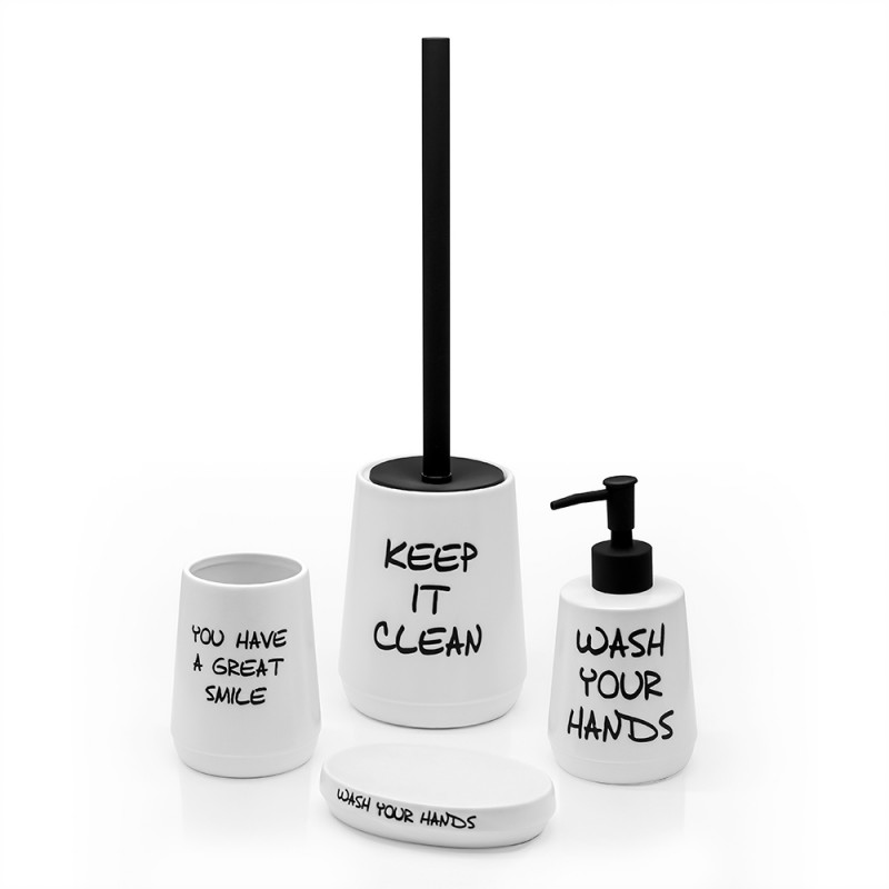 Set accessori linea Wash bianco con scritte completo di portascopino